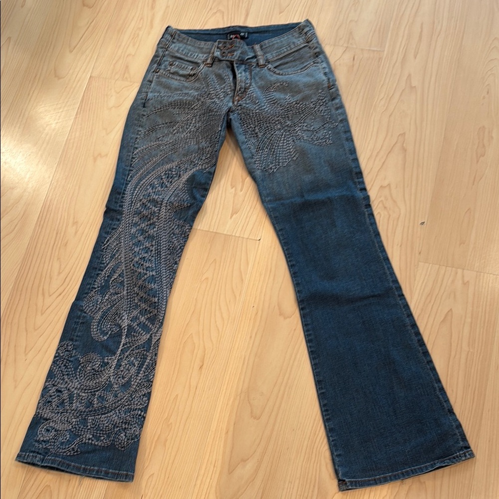 Bebe Blue Flare Jeans with Floral Embroidery